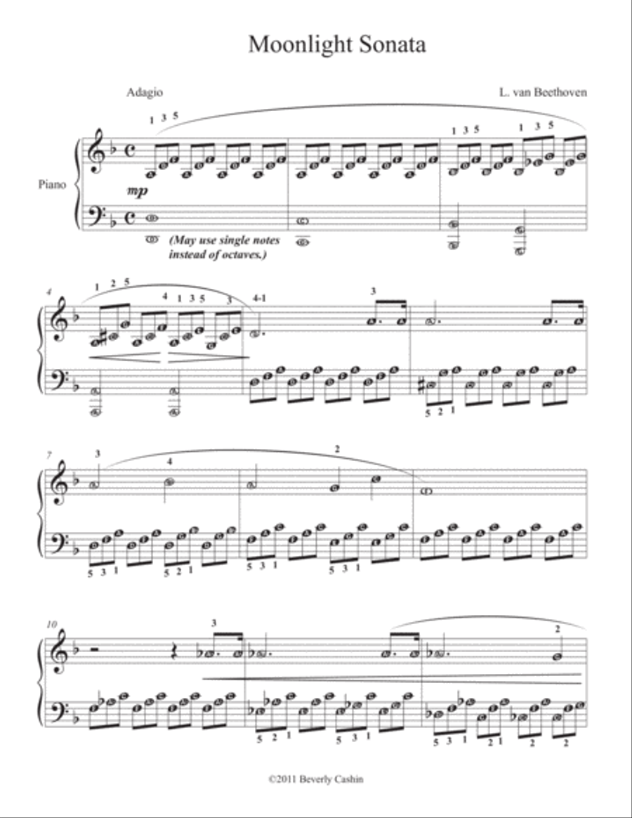 Moonlight Sonata, easy reading notation Piano Solo scores gallery preview page 1