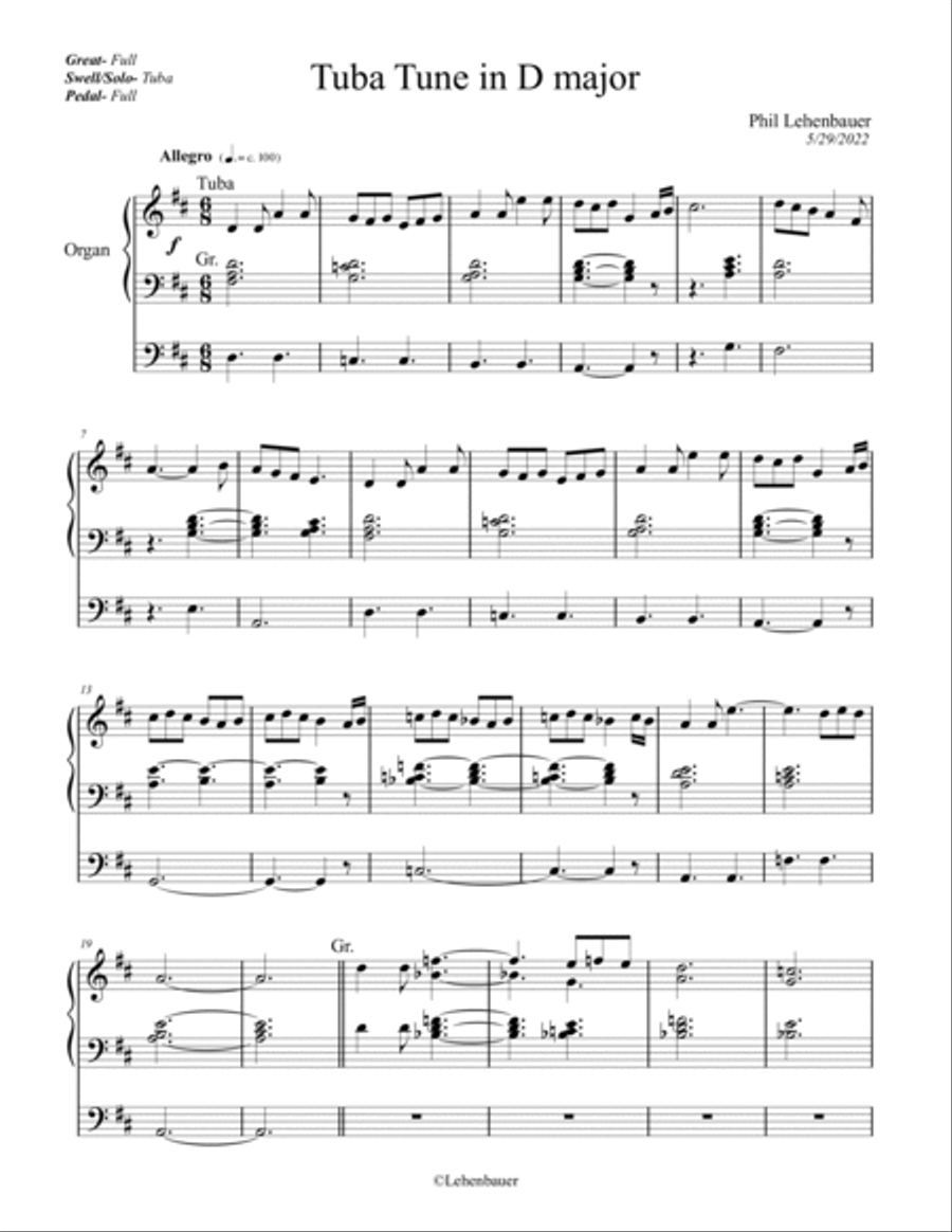 Tuba Tune in D major, organ work by Phil Lehenbauer Tuba scores gallery preview page 2