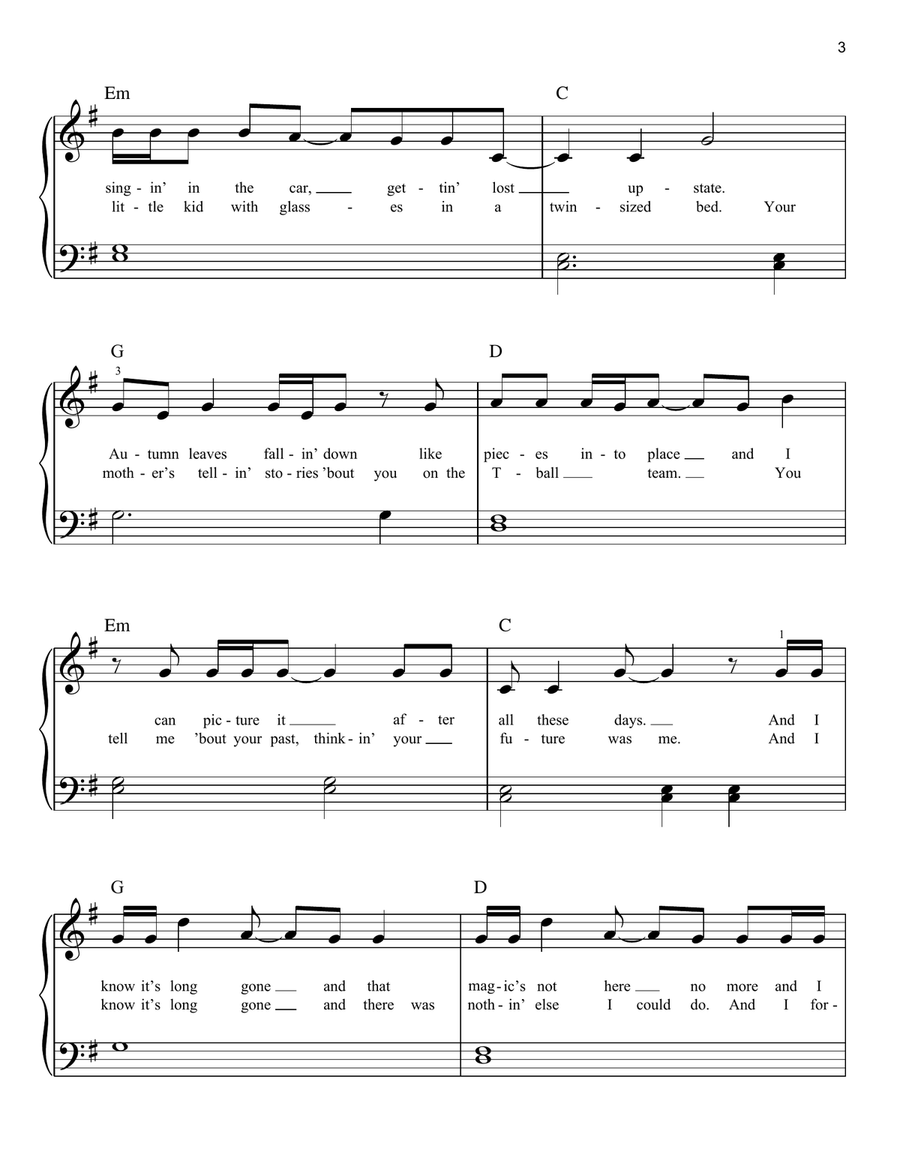 All Too Well Easy Piano scores gallery preview page 3