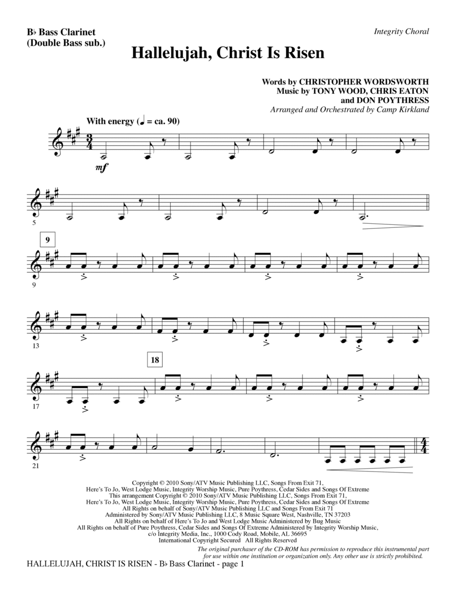 Hallelujah, Christ Is Risen - Bass Clarinet (sub. dbl bass) Choir scores gallery preview page 1