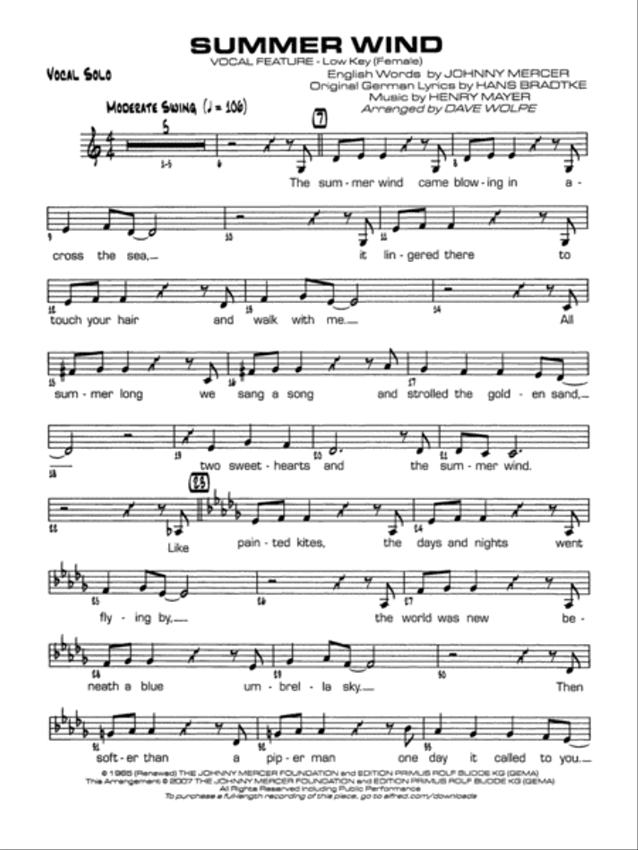 Summer Wind: Vocal Solo Jazz Ensemble scores gallery preview page 1