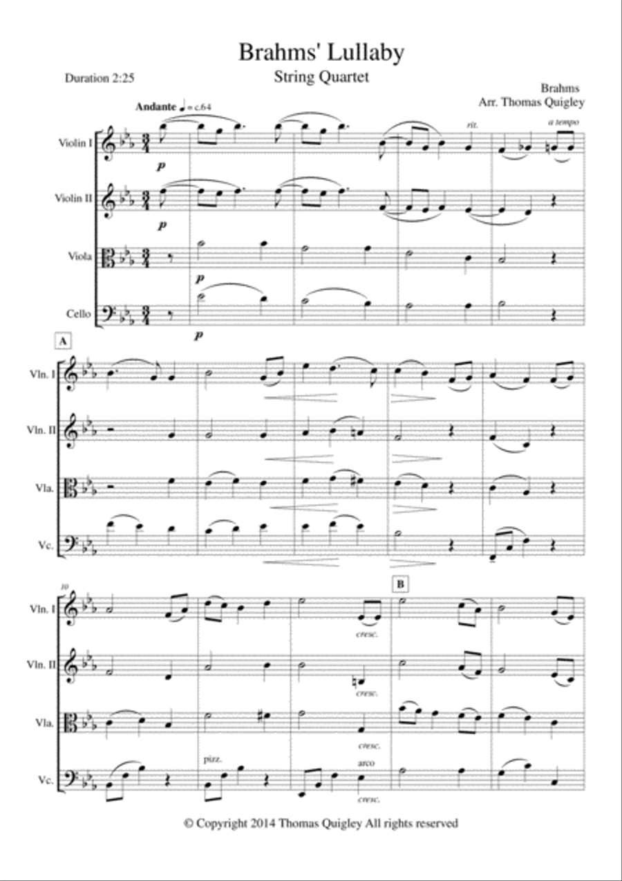 Brahms' Lullaby Brahms' Lullaby String Quartet scores gallery preview page 1