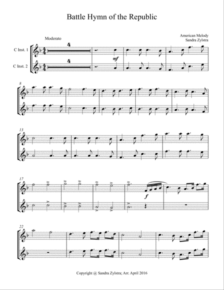 Battle Hymn of the Republic (treble C instrument duet, parts only) Piano scores gallery preview page 1