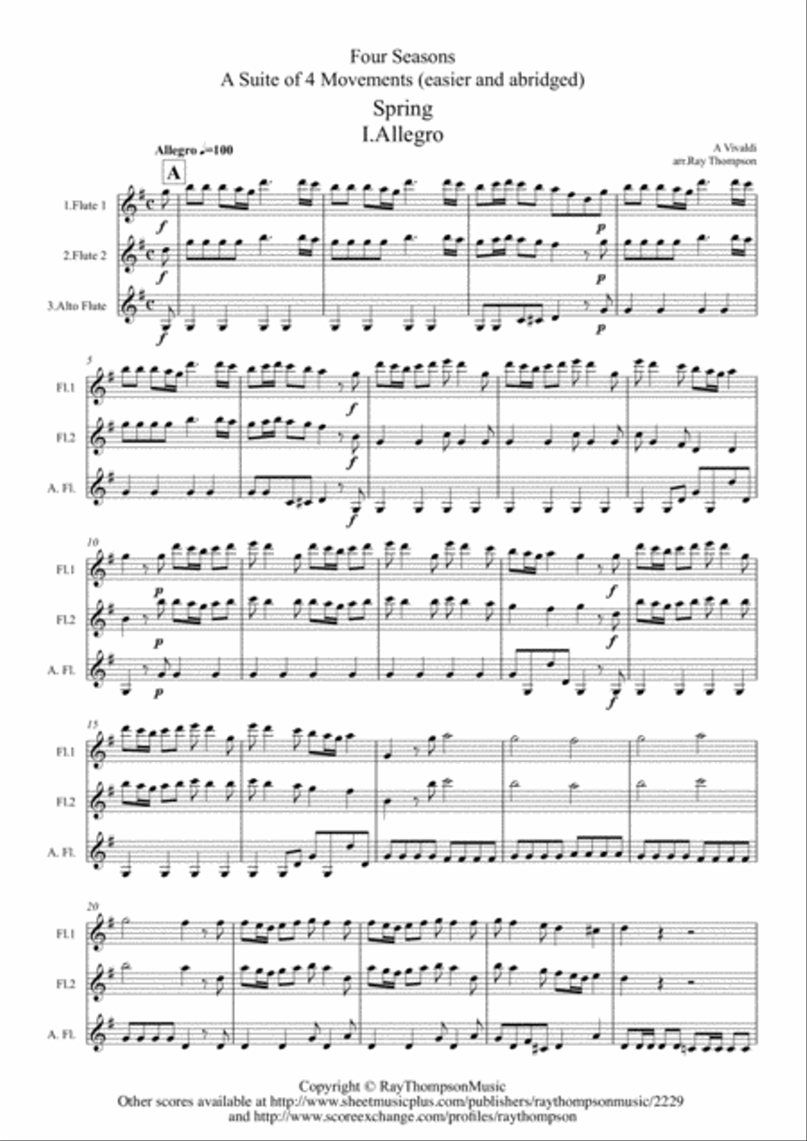 Vivaldi: The Four Seasons (Le quattro stagioni): A 4 Movement Suite (easier/abridged) - flute trio Flute Trio scores gallery preview page 1