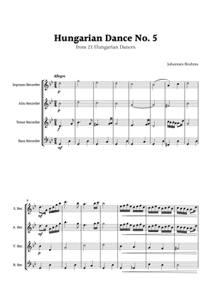 Hungarian Dance No. 5 by Brahms for Recorder Ensemble Quartet