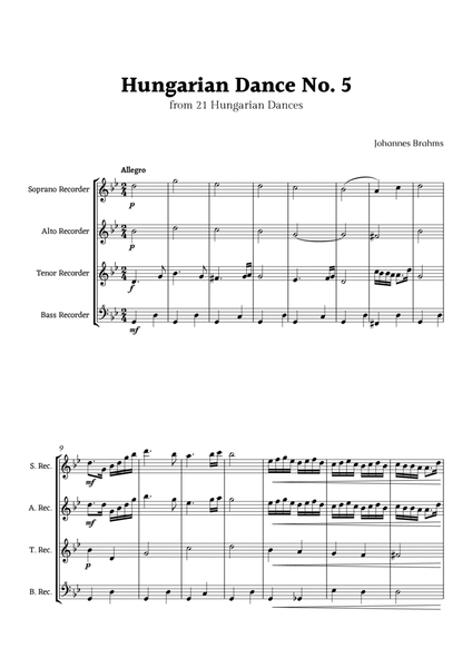 Hungarian Dance No. 5 by Brahms for Recorder Ensemble Quartet image number null
