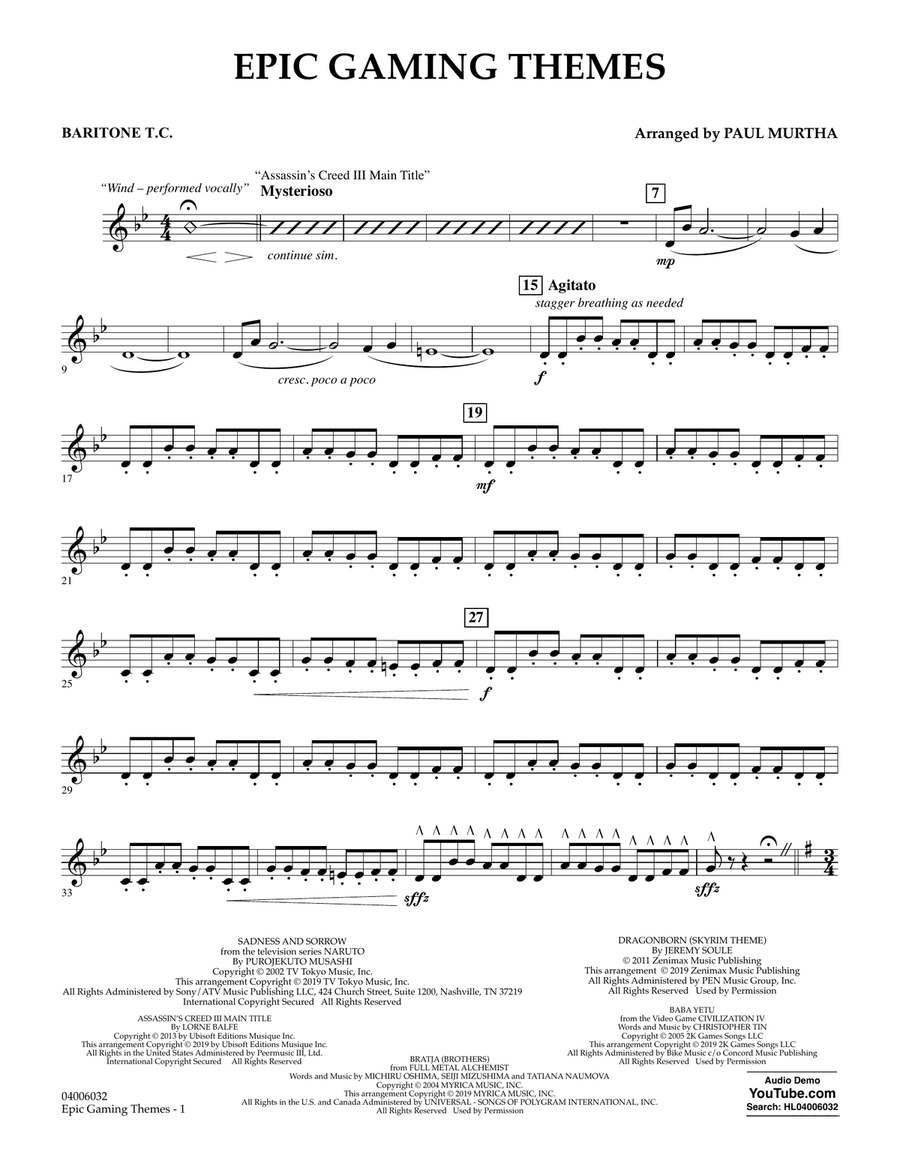 Epic Gaming Themes - Baritone T.C. Concert Band scores gallery preview page 1
