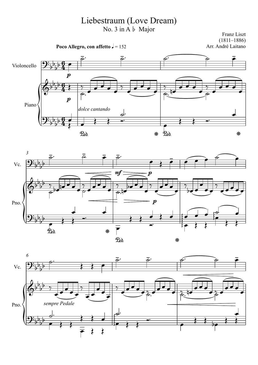 Franz Liszt - Liebestraum (Love Dream) Violoncello Solo Piano scores gallery preview page 1