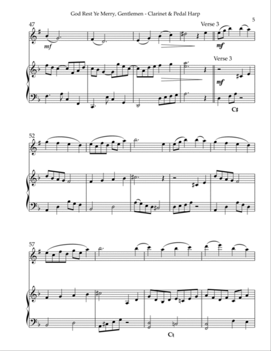 God Rest Ye Merry, Gentlemen, Duet for Bb Clarinet & Pedal Harp B-Flat Clarinet scores gallery preview page 5