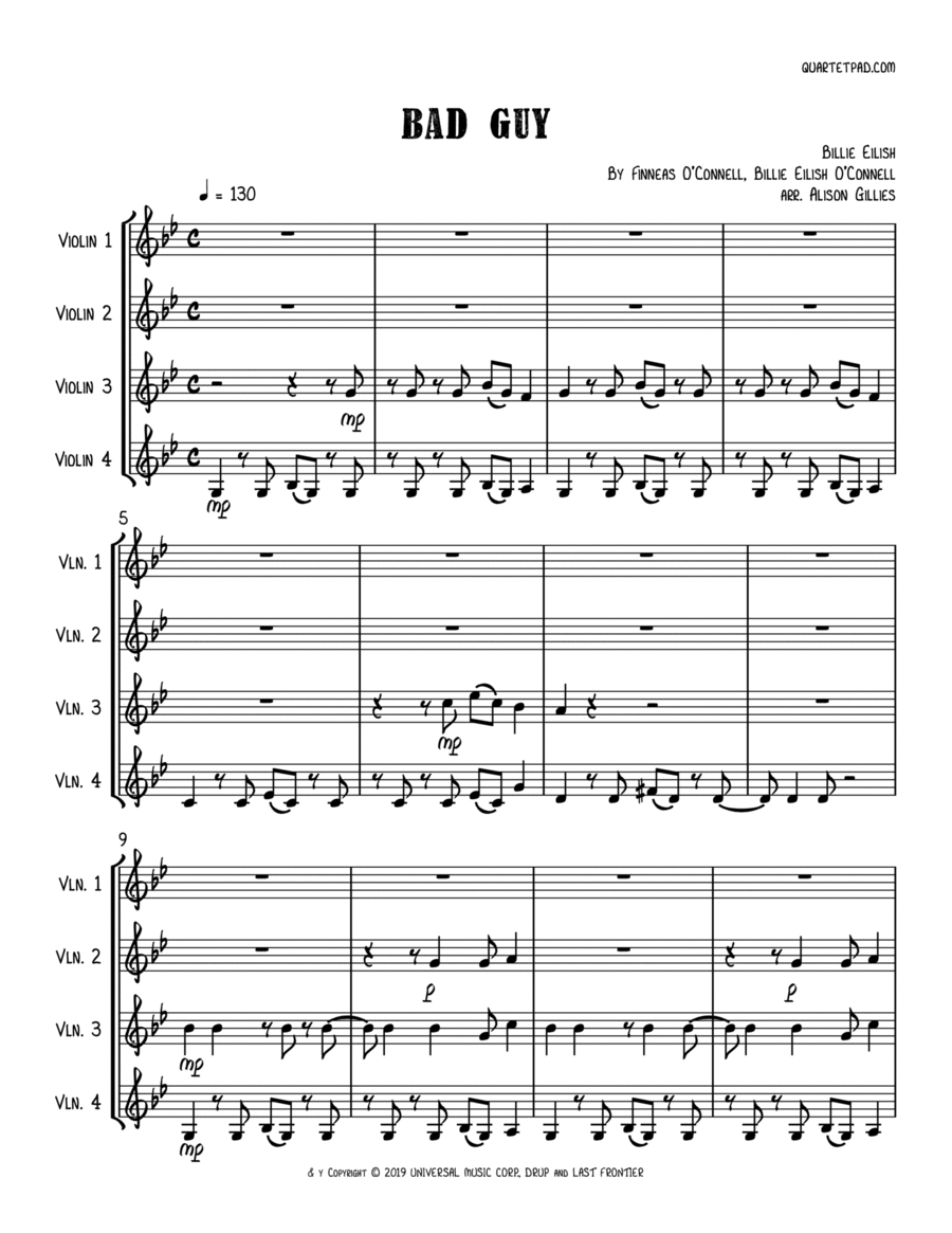Bad Guy String Quartet scores gallery preview page 1