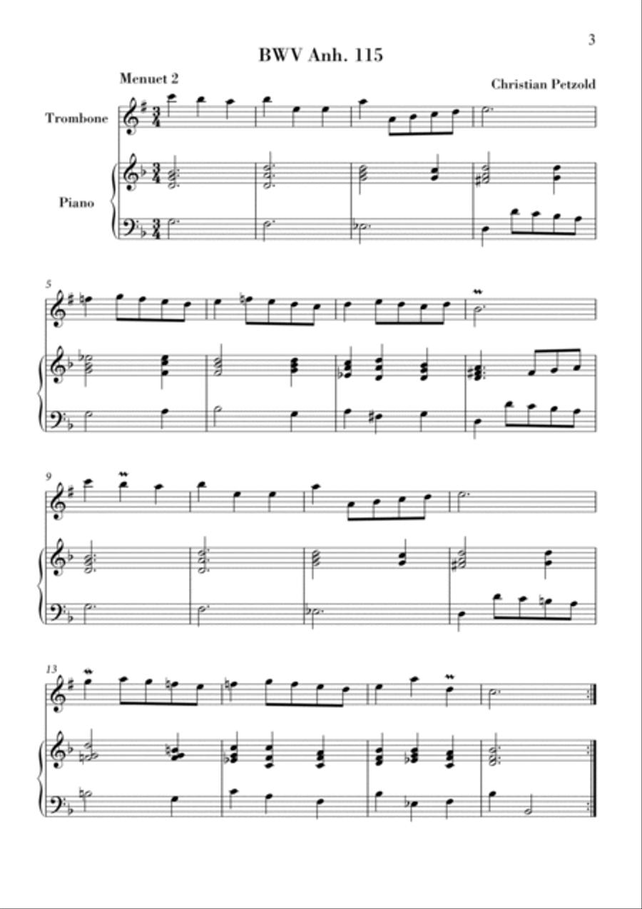Bach - Minuet in G major and G minor (BWV Anh. 114 - 115) for Trombone and Piano Piano scores gallery preview page 3