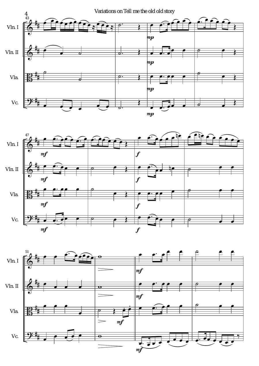 Variations on Tell me the Old Old Story for string quartet String Quartet scores gallery preview page 4