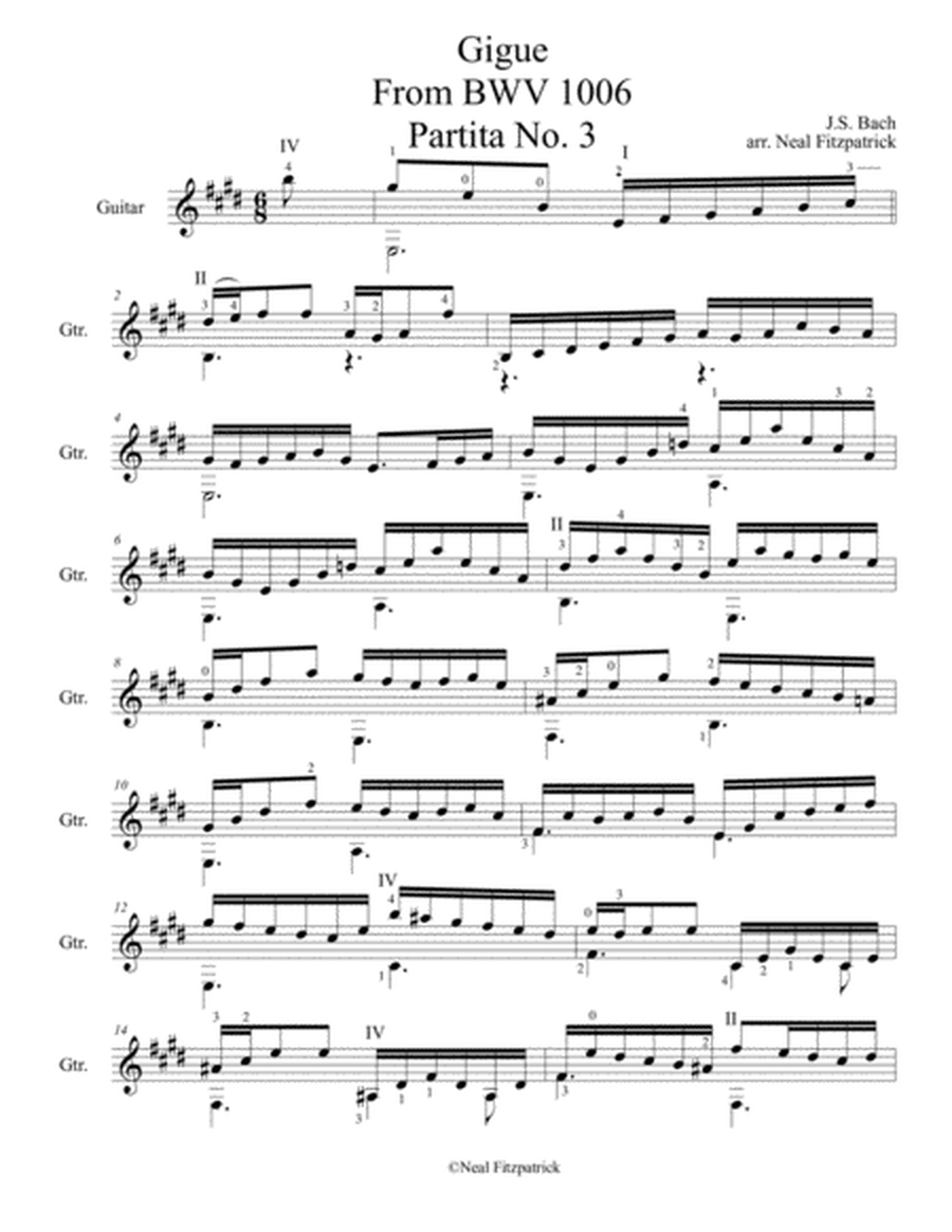 Gigue From BWV 1006-Partita No.3 For Guitar-Standard Notation