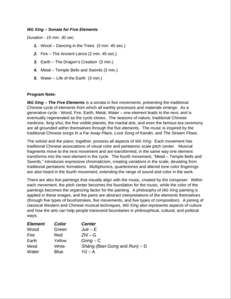 Wu Xing - Sonata for Five Elements (alto saxophone and piano) image number null
