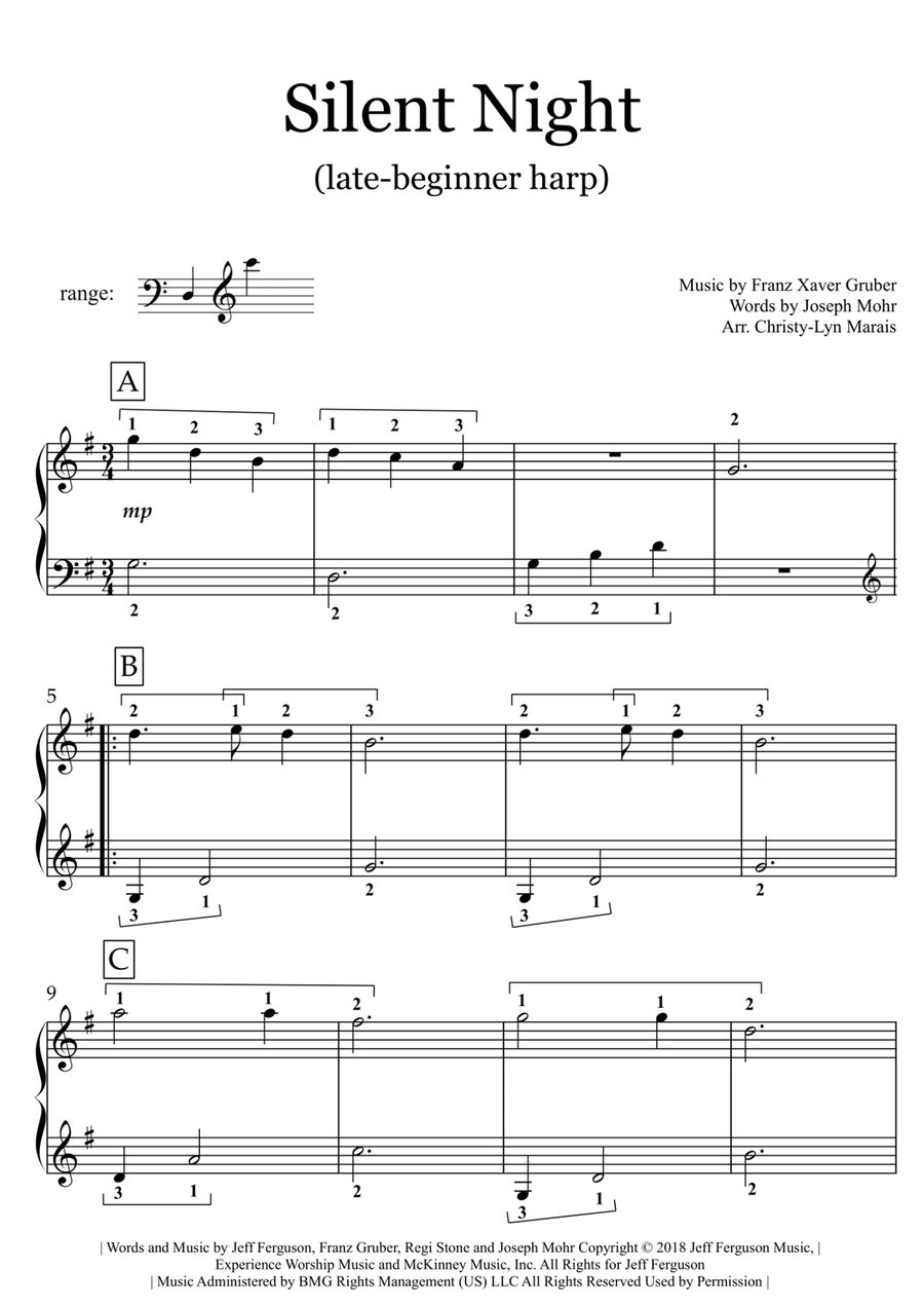 Silent Night - Late-Beginner for Harp Harp scores gallery preview page 2