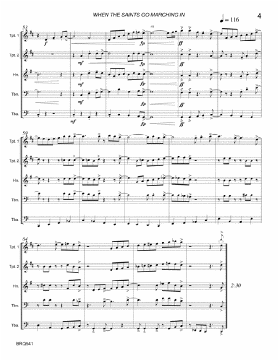 WHEN THE SAINTS GO MARCHING IN for BRASS QUINTET (unaccompanied) Brass Quintet scores gallery preview page 4