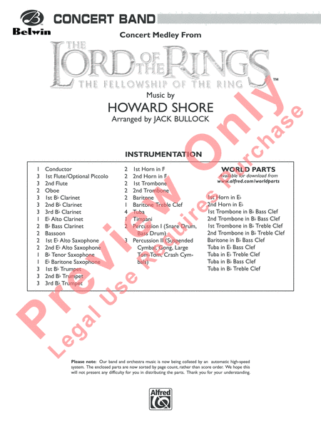 The Lord of the Rings: The Fellowship of the Ring, Concert Medley from by Howard Shore Concert Band - Sheet Music