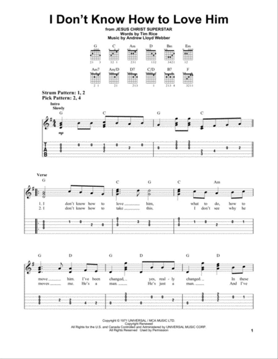 I Don't Know How To Love Him (from Jesus Christ Superstar) Guitar Tablature scores gallery preview page 1