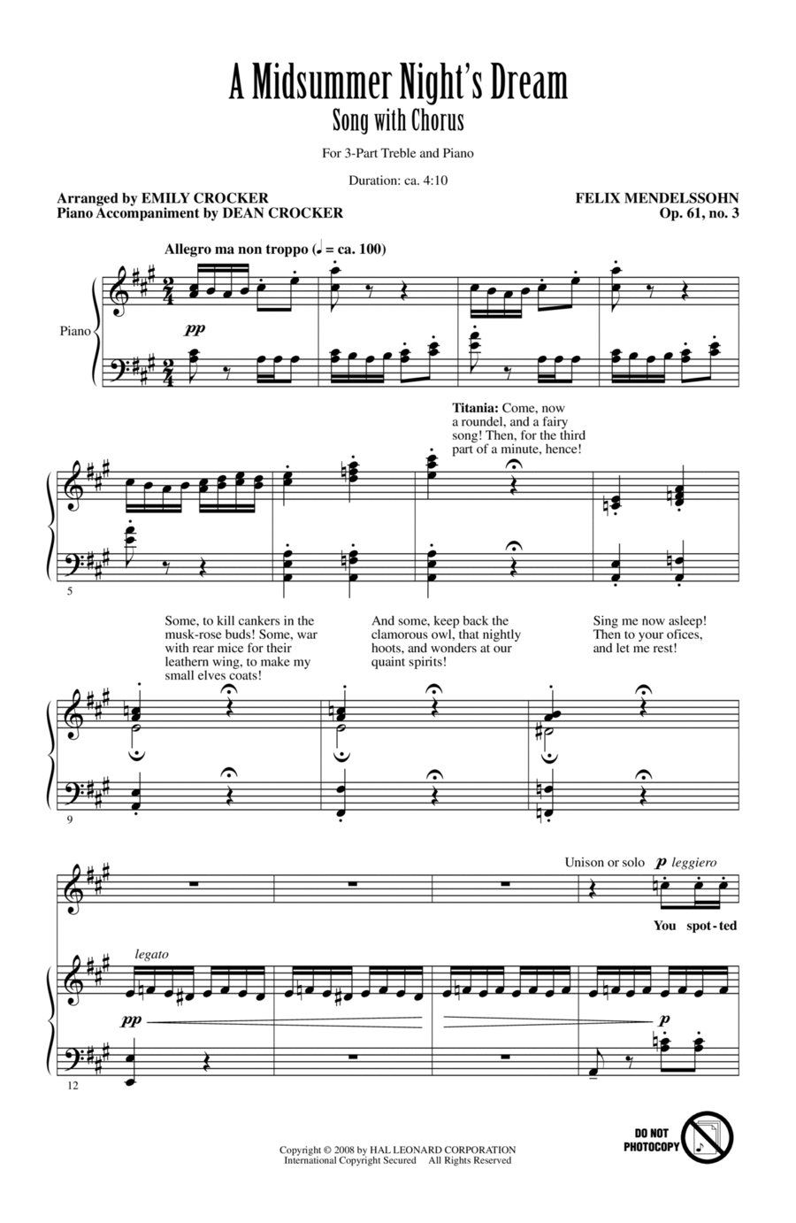 A Midsummer Night's Dream Overture, Excerpt 3-Part scores gallery preview page 1