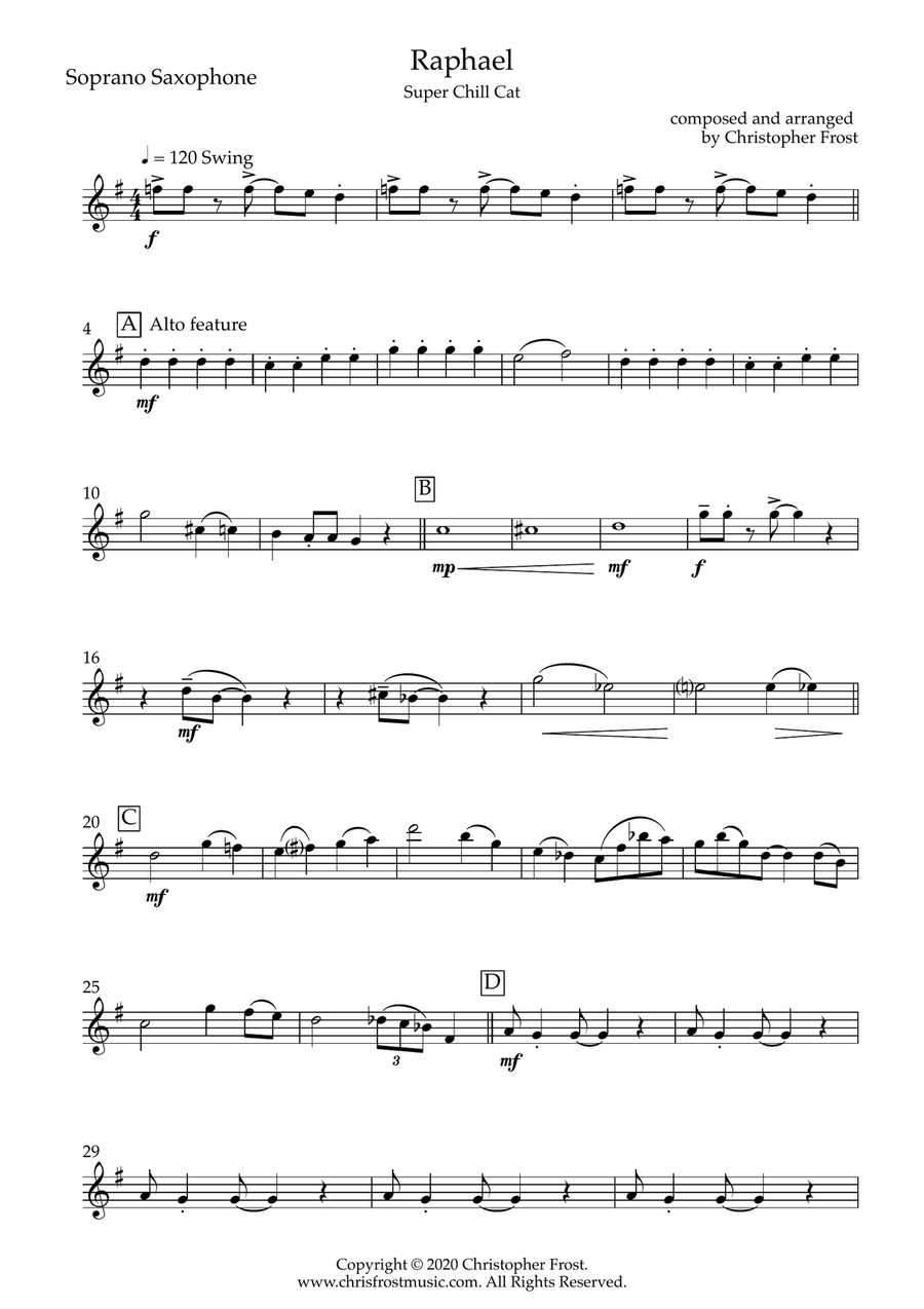 Raphael - Super Chill Cat from The Cat Suite (saxophone quartet - SATB) Saxophone Quartet scores gallery preview page 5