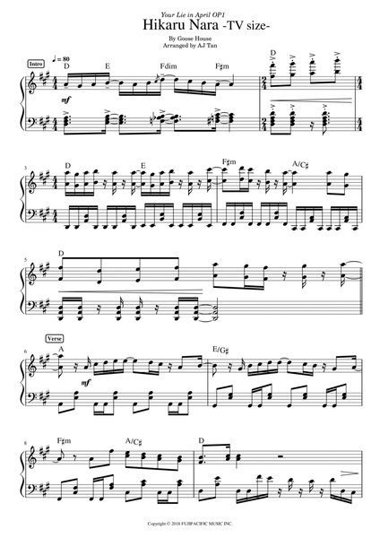 Hikaru Nara-Your Lie in April OP Stave Preview 1-Free Piano Sheet