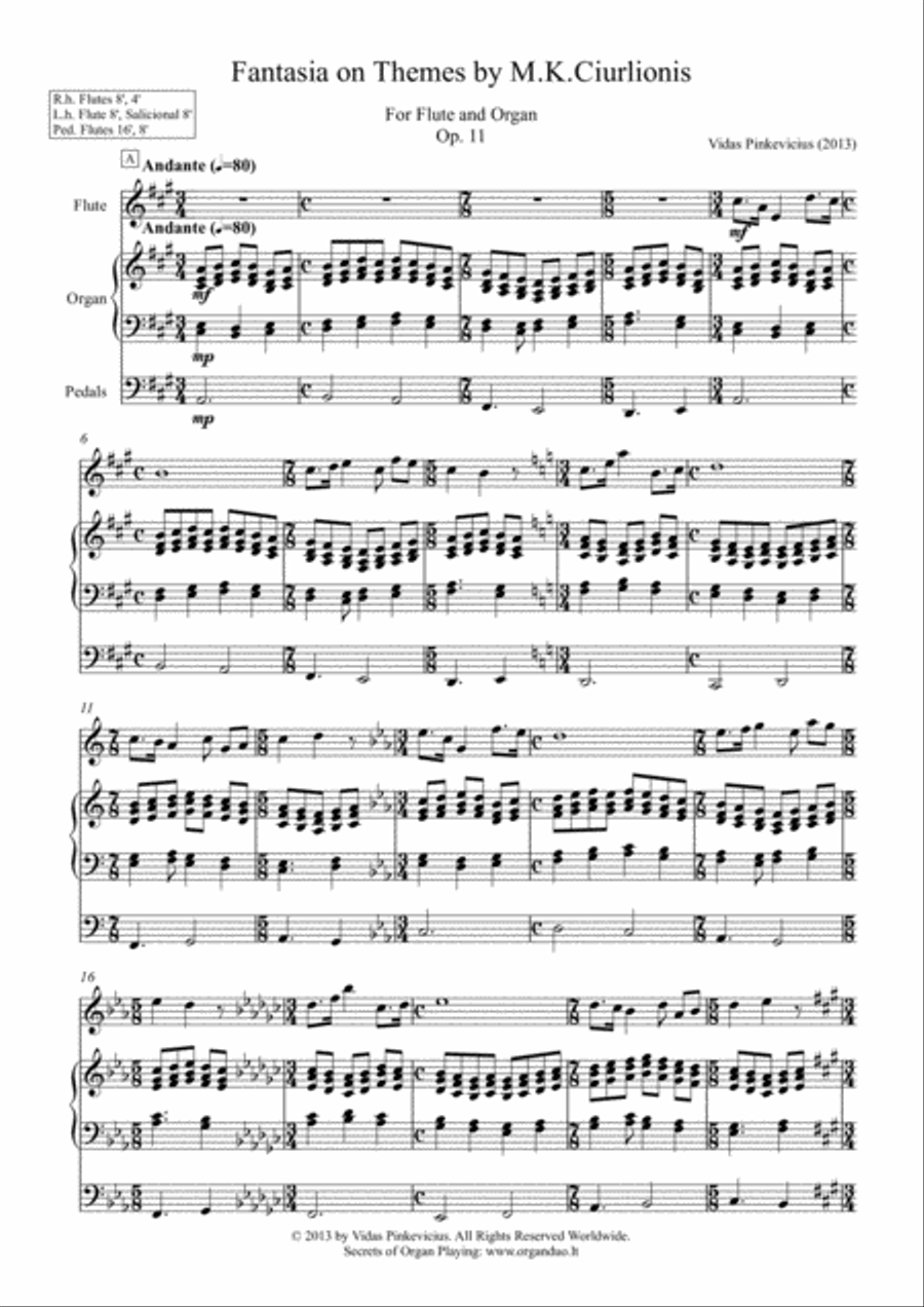 Fantasia on the Themes by M.K. Ciurlionis for Flute and Organ, Op. 11 (2013) Woodwind Duet scores gallery preview page 1