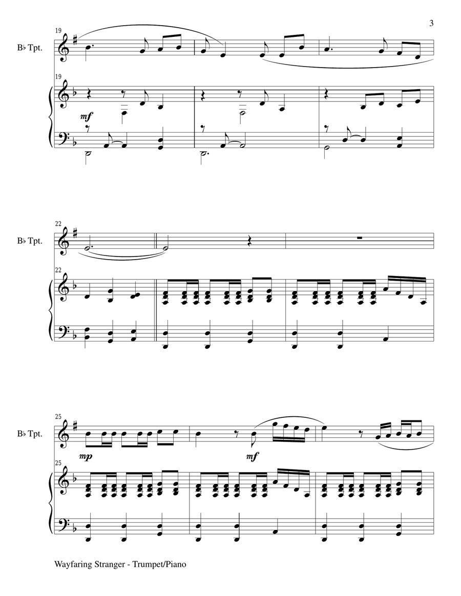WAYFARING STRANGER (Bb Trumpet/Piano and Trumpet Part) Trumpet Duet scores gallery preview page 3
