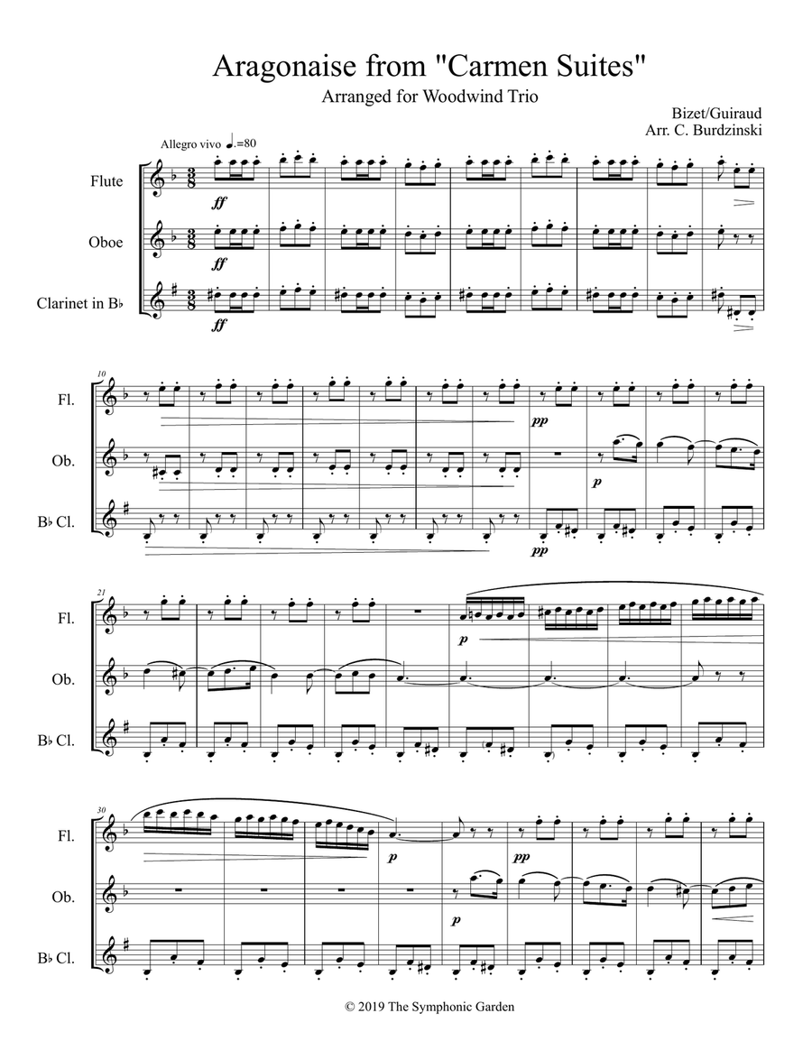 Aragonaise from Carmen - woodwind trio (flute, oboe, clarinet) Woodwind Trio scores gallery preview page 1