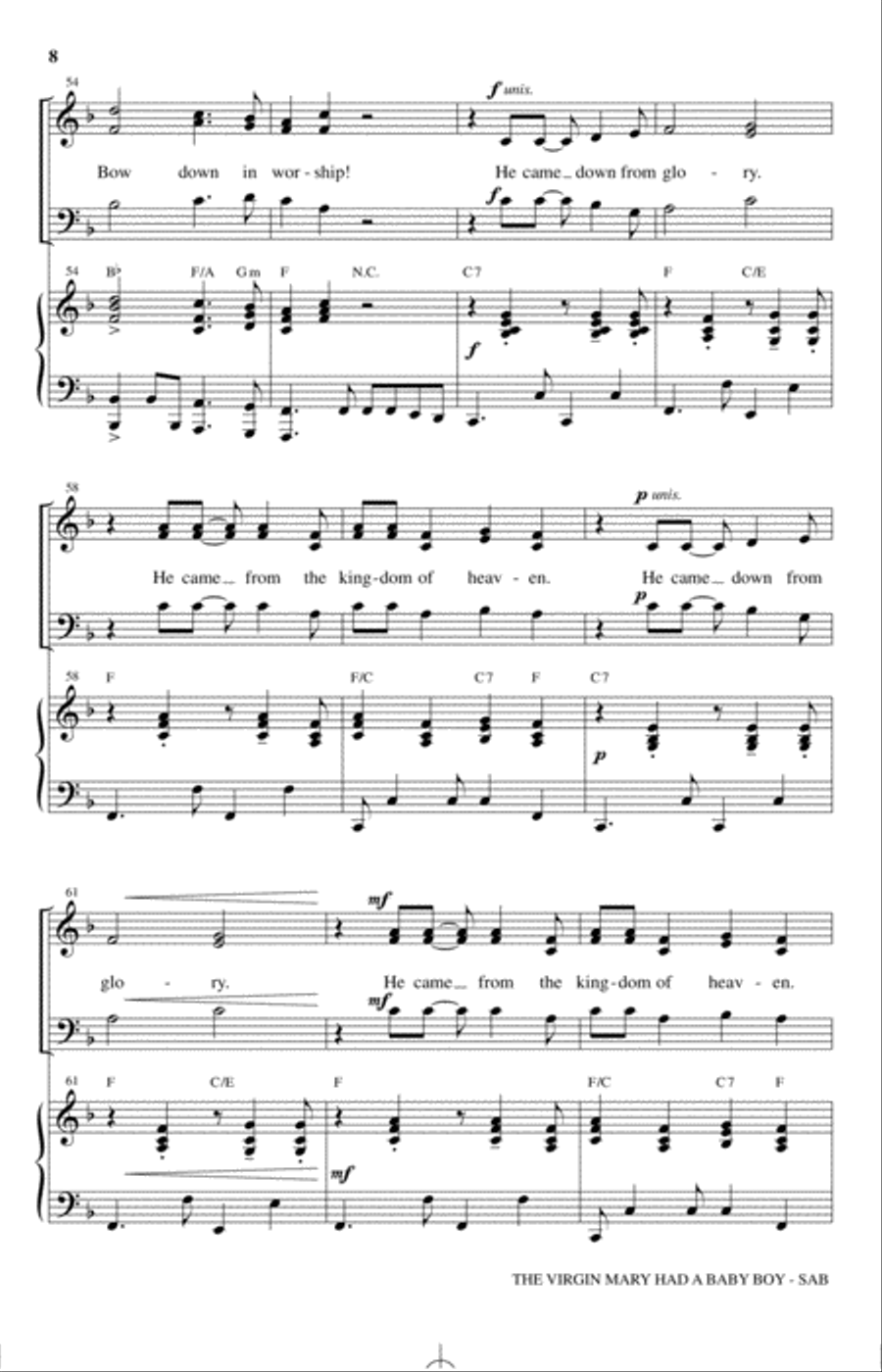 The Virgin Mary Had A Baby Boy (arr. Michael Ware) 3-Part scores gallery preview page 7