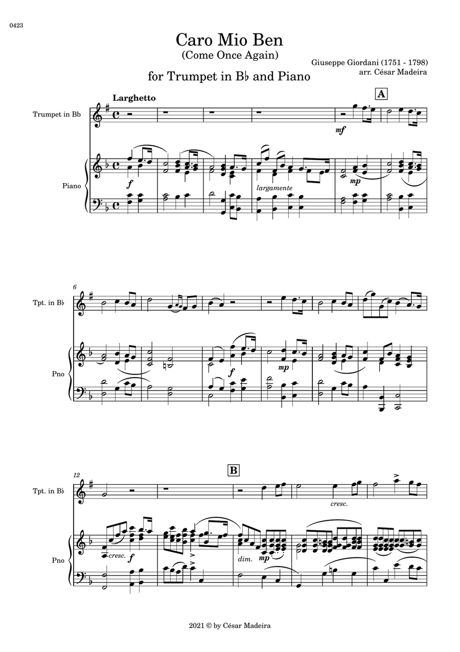 Caro Mio Ben (Come Once Again) - Bb Trumpet and Piano (Individual Parts) image number null