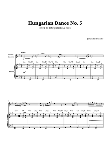 Hungarian Dance No. 5 by Brahms for Soprano Recorder and Piano image number null