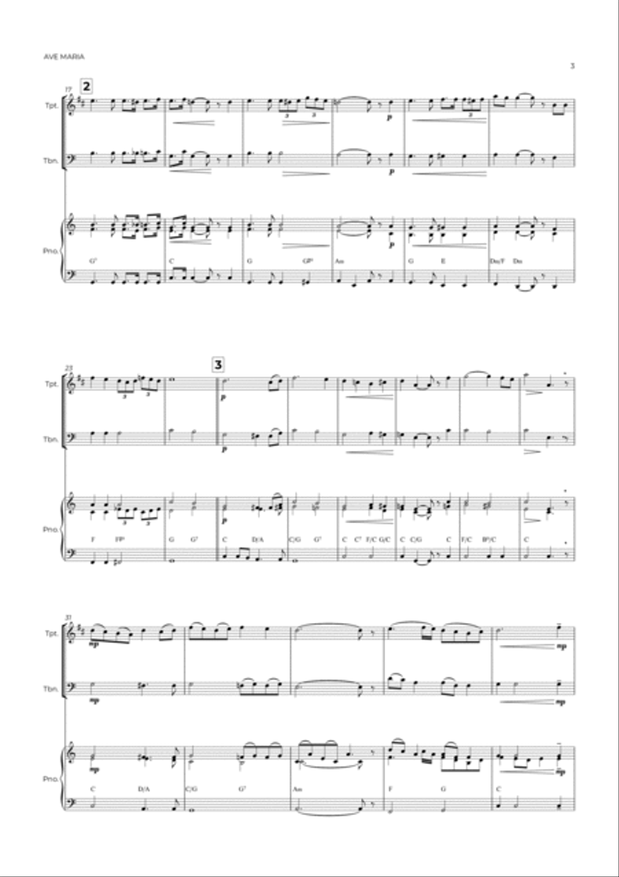 AVE MARIA - SCHUBERT - BRASS PIANO TRIO (TRUMPET, TROMBONE & PIANO) Brass Duet scores gallery preview page 3