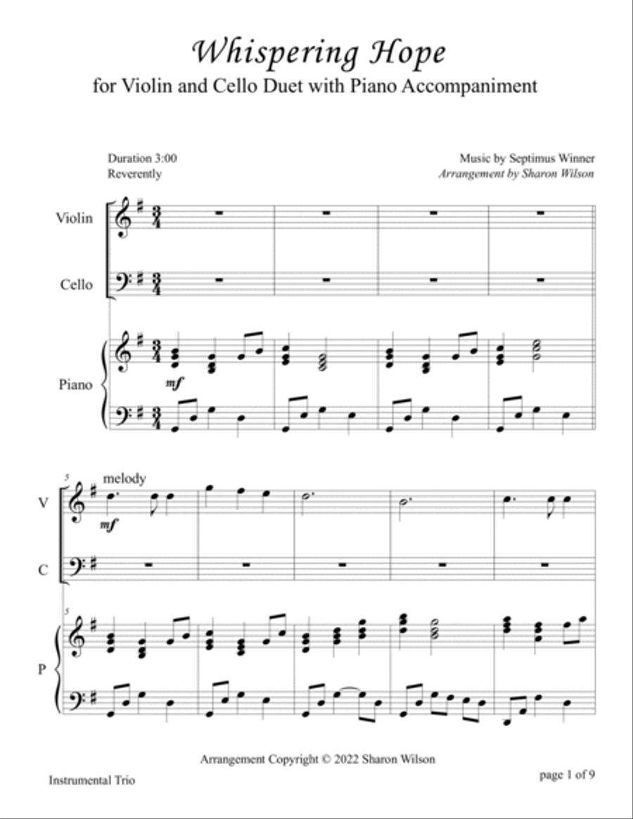 Whispering Hope (for Violin and Cello Duet with Piano Accompaniment) Piano Trio scores gallery preview page 4