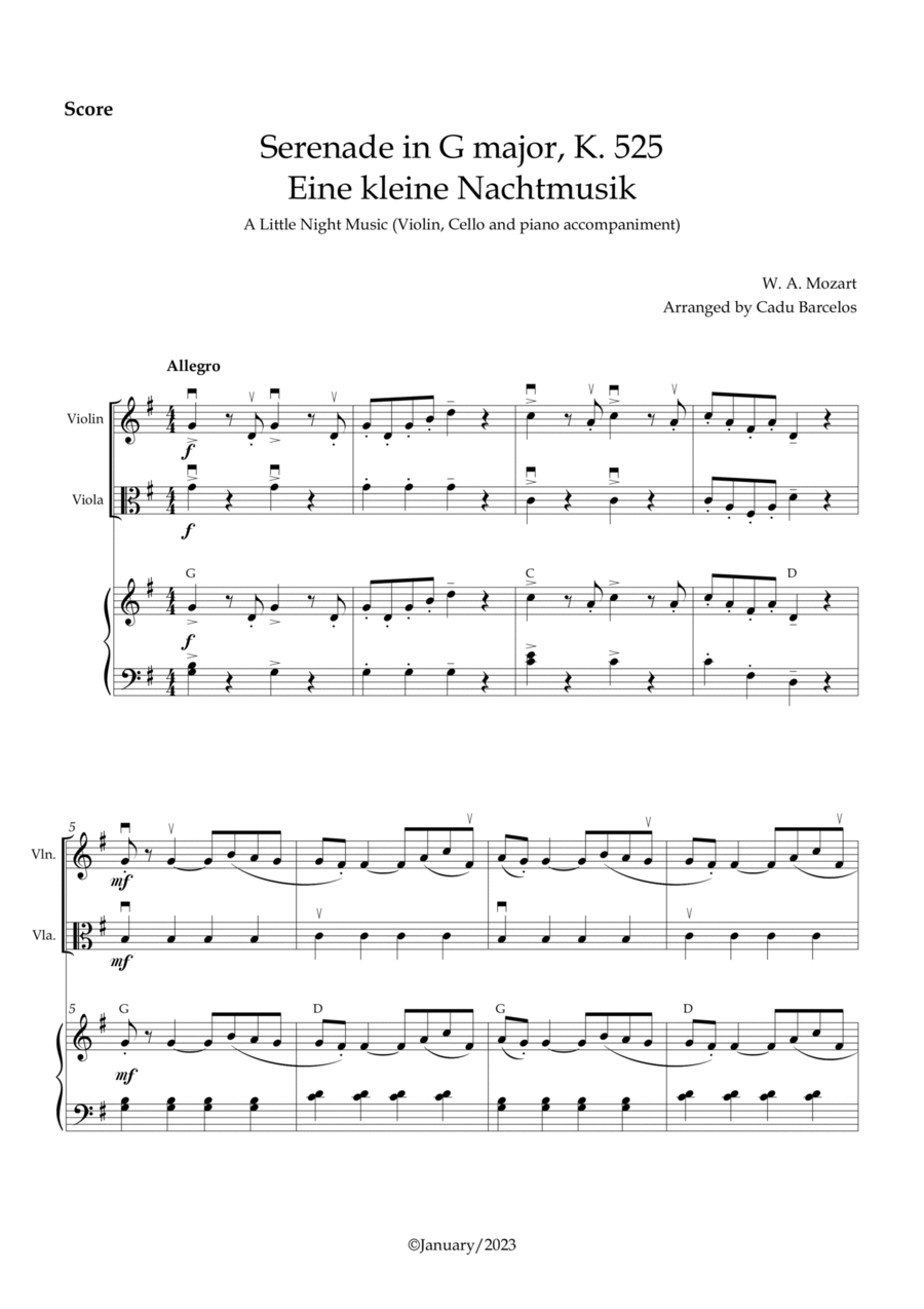 Serenade in G major, K. 525/Eine kleine Nachtmusik/A Little Night Music -Violin, Viola (chord bow) String Duet scores gallery preview page 1