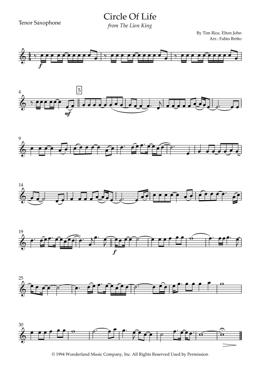 Circle Of Life Tenor Saxophone scores gallery preview page 1