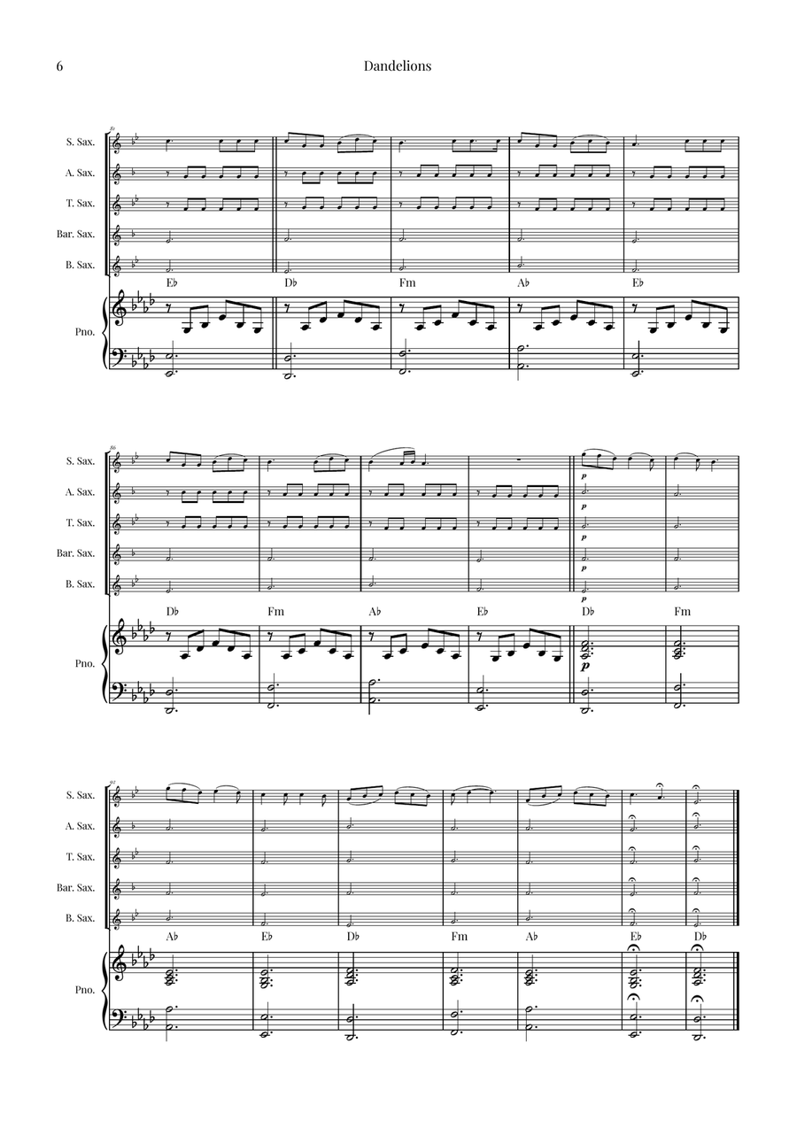 Dandelions Saxophone Quintet scores gallery preview page 6