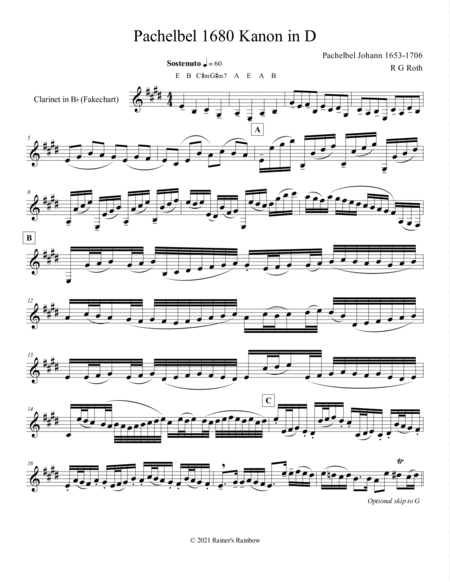 Pachelbel 1680 Canon in D Fakecharts for Flute, Clarinet, English Horn, Bassoon, Sax