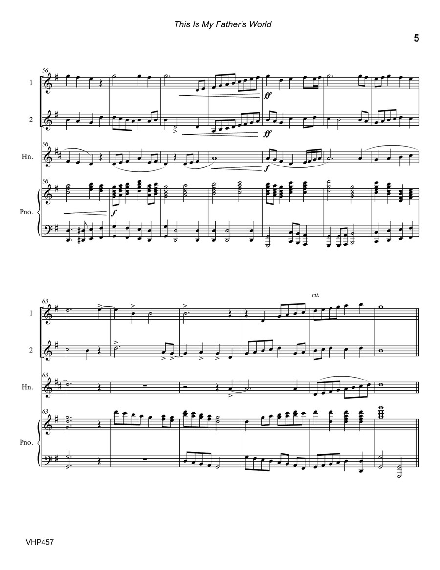 THIS IS MY FATHER'S WORLD - 2 VIOLINS & HORN with Piano Accompaniment Small Ensemble scores gallery preview page 5