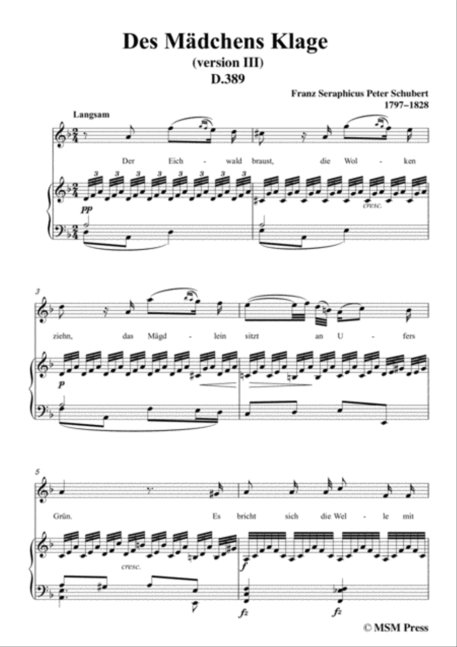 Schubert-Des Mädchens Klage (Version III),in d minor,D.389,for Voice and Piano Voice Solo scores gallery preview page 3
