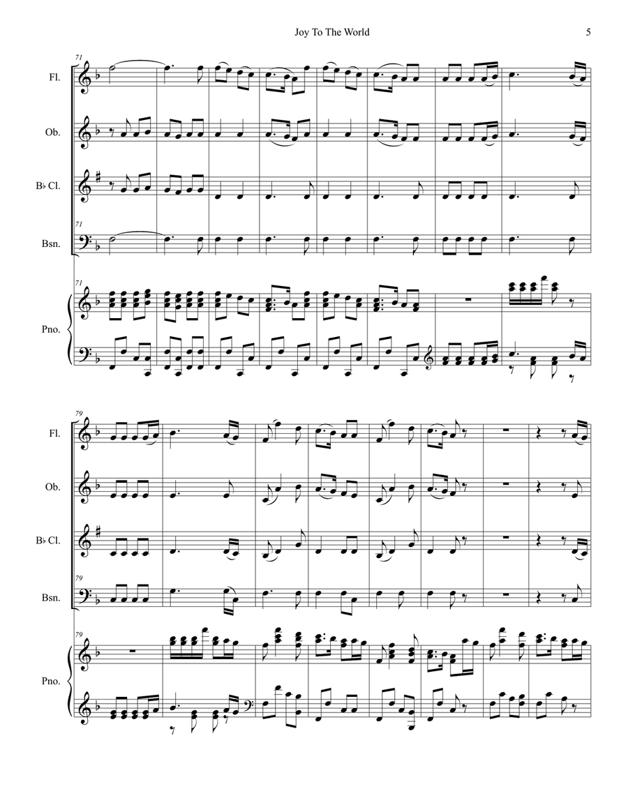 Joy To The World (for Woodwind Quartet and Piano) Woodwind Quartet scores gallery preview page 6