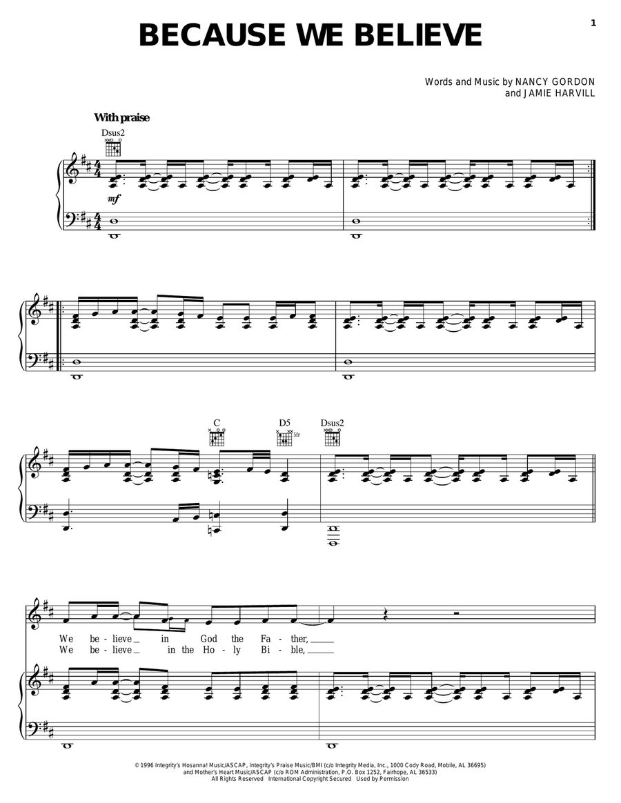 Because We Believe Because We Believe Piano, Vocal, Guitar scores gallery preview page 1