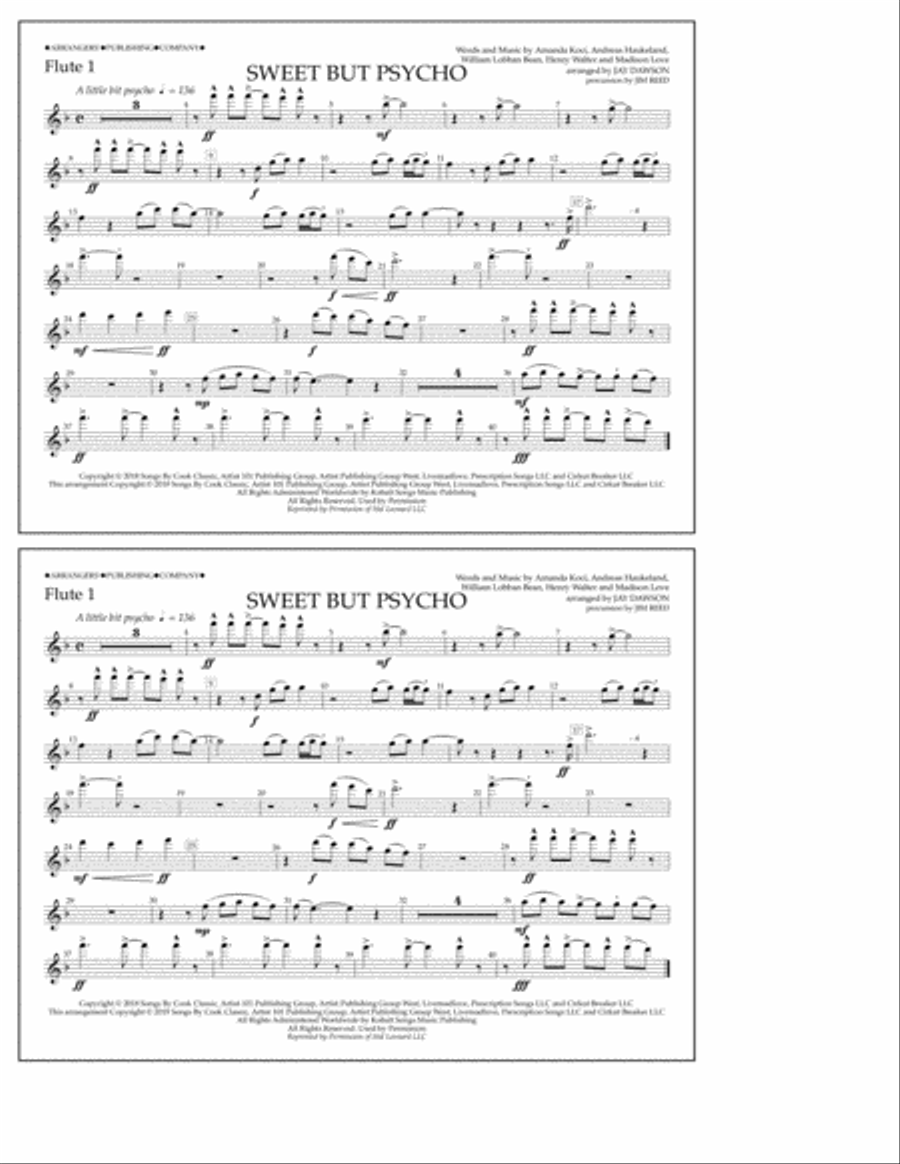 Sweet But Psycho (arr. Jay Dawson) - Flute 1 Marching Band scores gallery preview page 1