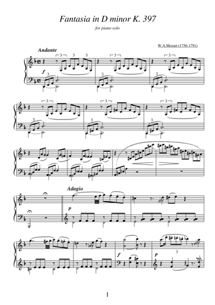 Fantasia in D minor K397 by Wolfgang Amadeus Mozart for piano solo