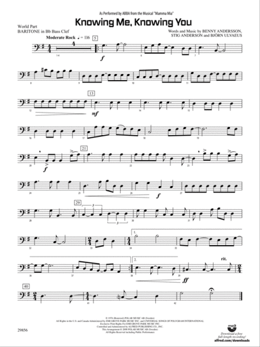 Knowing Me, Knowing You (As performed by ABBA from the musical Mamma Mia): (World Part) B-flat Baritone B.C. Concert Band scores gallery preview page 1