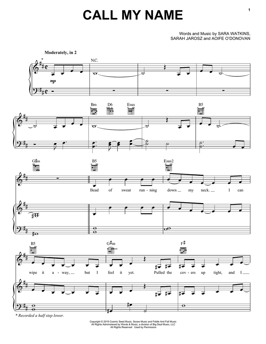 Call My Name Piano, Vocal, Guitar scores gallery preview page 1