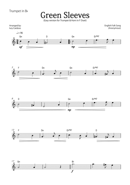 "Green Sleeves" - Beautiful easy version for TRUMPET & HORN in F DUET image number null