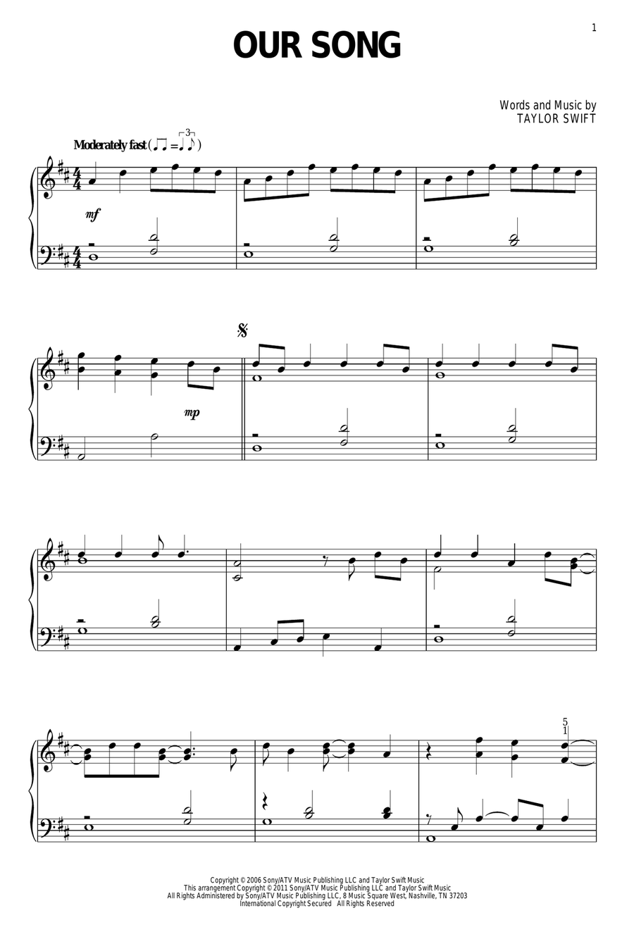 Our Song Piano Solo scores gallery preview page 1