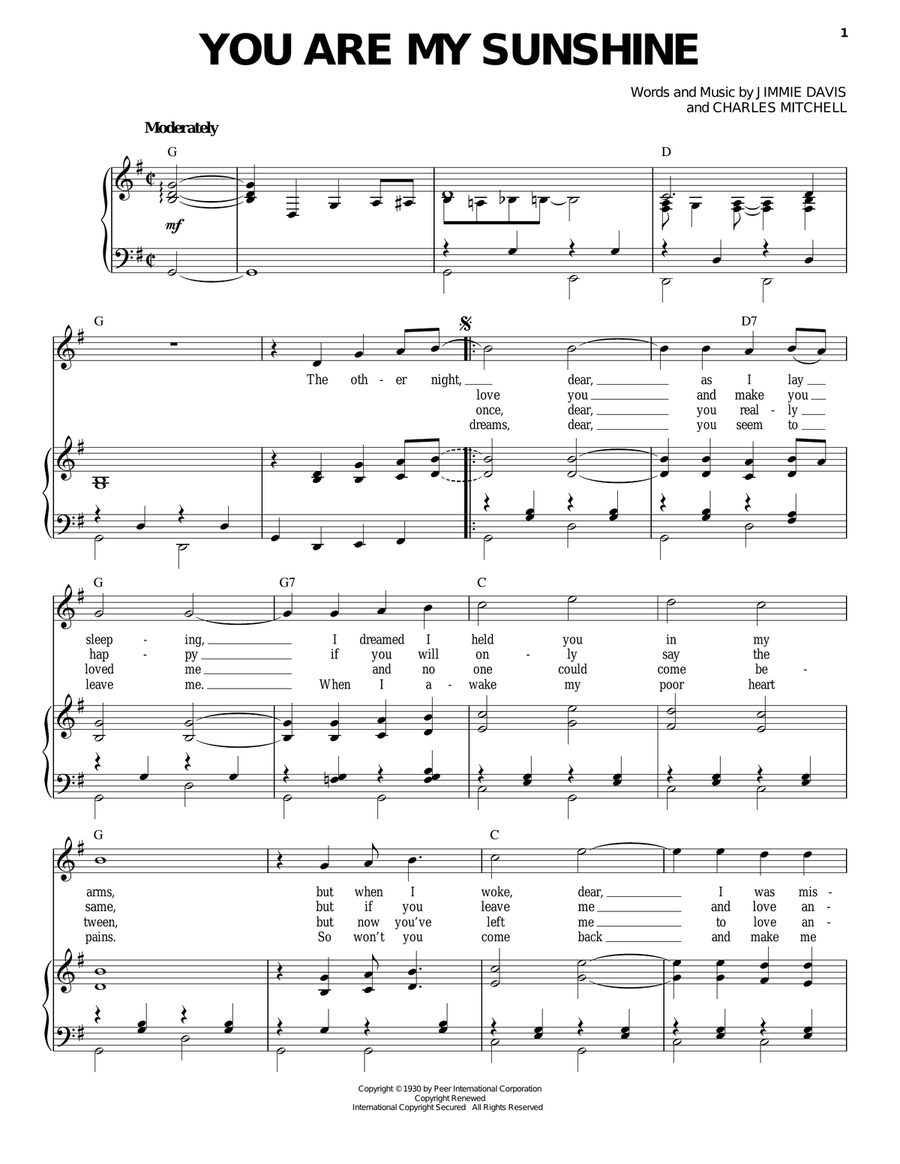 You Are My Sunshine Piano, Vocal scores gallery preview page 1