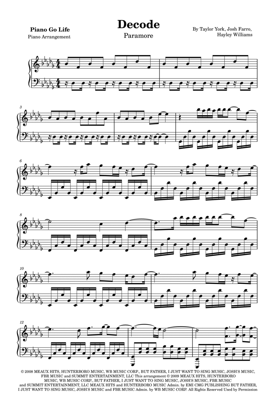 Decode Piano Solo scores gallery preview page 1