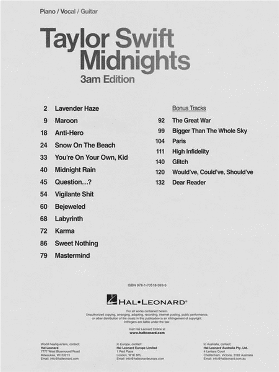Taylor Swift – Midnights (3am Edition) Piano, Vocal, Guitar scores gallery preview page 3
